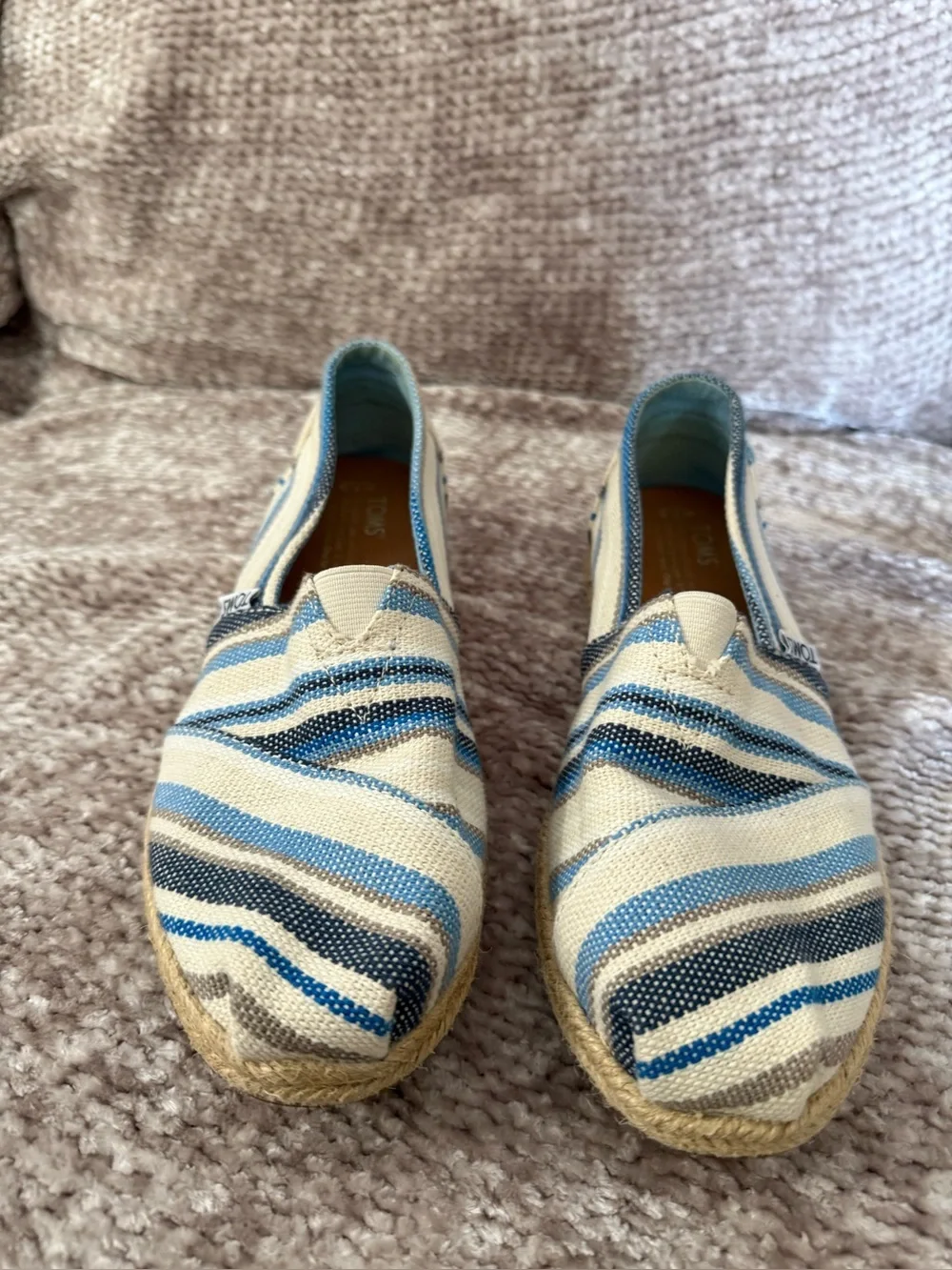 Toms Blue Off White Gray Striped Slip On Woven Texture Espadrilles Flats 7.5